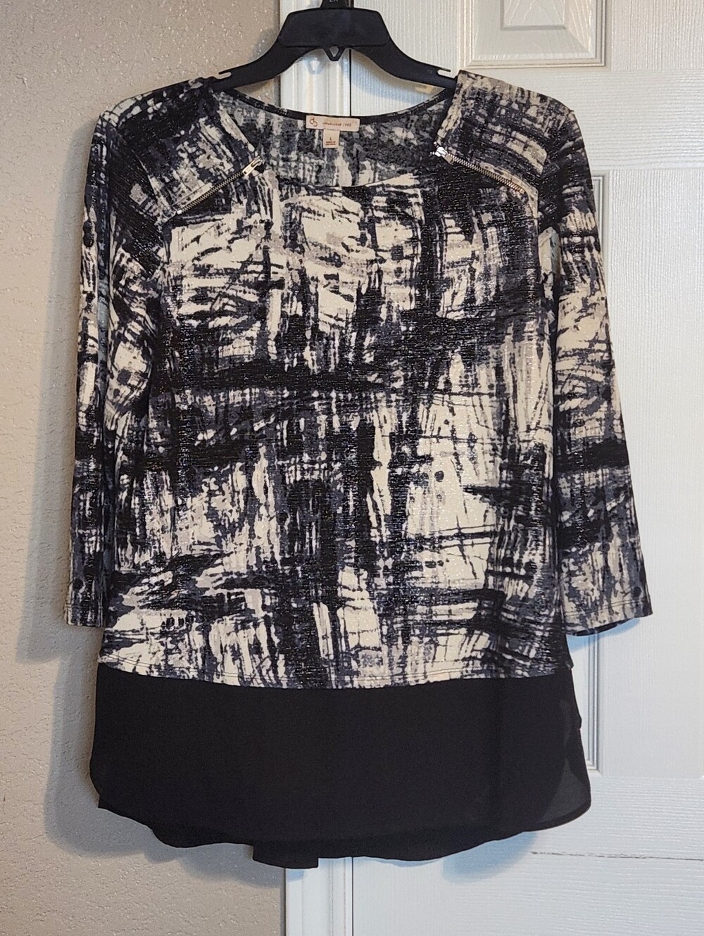 Women's Black and White Printed Layered Blouse By Dressbarn